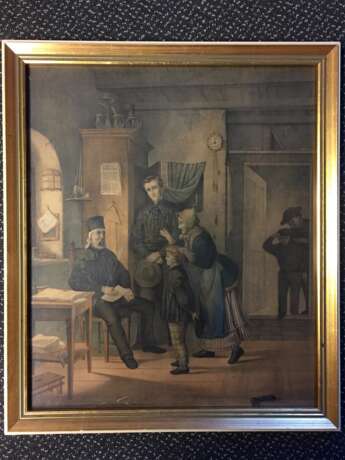 Unbek. Künstler: Vorstellung beim Steiger / Besuch beim Steiger, Farblithographie um 1850, hinter Glas im Rahmen, prima. - Foto 2