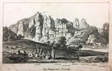 Deutscher Künstler: "Die Rathener Felsen" von Osten, vom Elbbogen gesehen. Radierung um 1825.