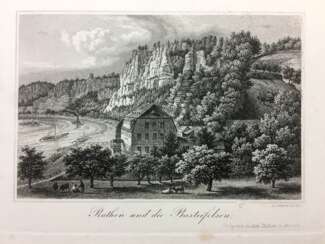 E. SchmidTiefe: "Rathen und die Basteifelsen". Radierung um 1830.