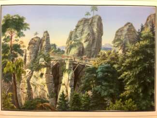 Deutscher Künstler: Basteibrücke mit Steinschleuder und Felsentor. Farblithographie, um 1840.