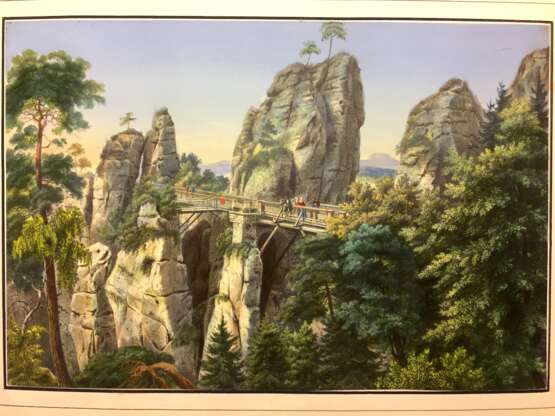 Deutscher Künstler: Basteibrücke mit Steinschleuder und Felsentor. Farblithographie, um 1840. - Foto 1