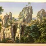 Deutscher Künstler: Basteibrücke mit Steinschleuder und Felsentor. Farblithographie, um 1840. - фото 1
