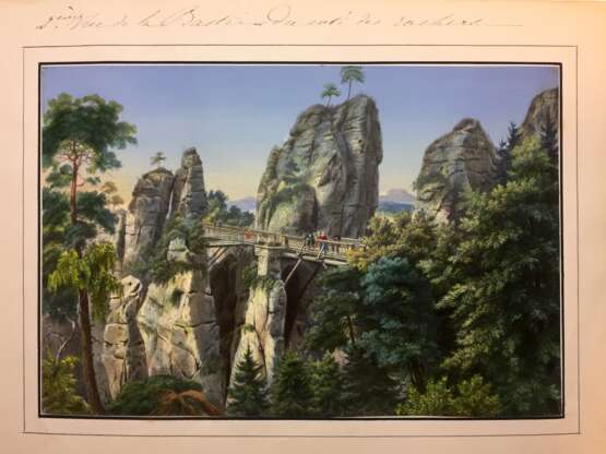 Deutscher Künstler: Basteibrücke mit Steinschleuder und Felsentor. Farblithographie, um 1840. - Foto 2