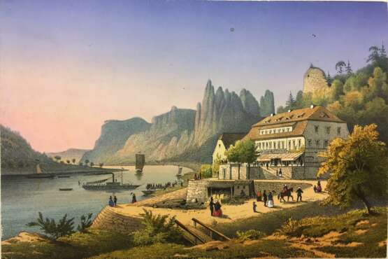 Deutscher Künstler: Rathen mit Erbgericht und Burgruine. Farblithographie, um 1840. - Foto 1