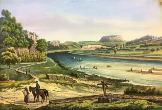 Deutscher Künstler: Rathen mit Blick zum Königstein. Farblithographie, um 1840. - Foto 1