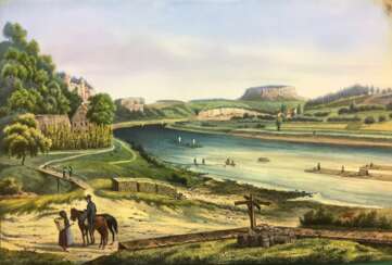 Deutscher Künstler: Rathen mit Blick zum Königstein. Farblithographie, um 1840.