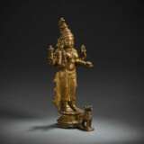 Bronze der Parvati auf einem Lotos mit einem Löwen stehend - photo 1