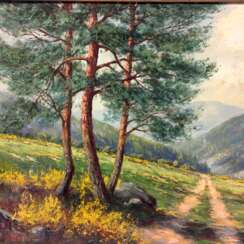 W. Behlau "Ginsterblüte" / Partie in den Bergen, Öl auf Leinwand im prunkvollen Stuckrahmen, Anfang 20. Jahrhundert, sehr gut.