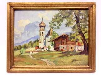 Unbekannter Künstler: Landschaftsansicht / Dorf-Ansicht in Tirol oder Bayern, Öl auf Hartfaser, im Rahmen, sehr gut.