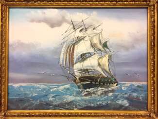 H. Haden: Segelschiff / Fregatte bei stürmischer See. Öl auf Leinwand, in prunkvollen Rahmen, sehr gut.