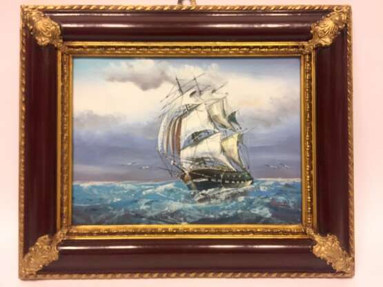 H. Haden: Segelschiff / Fregatte bei stürmischer See. Öl auf Leinwand, in prunkvollen Rahmen, sehr gut. - Foto 3