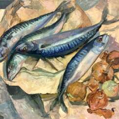 Anni Jung: Stilleben "Fische mit Zwiebeln", Öl auf Leinwand, 1986, sehr gut.