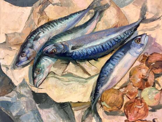 Anni Jung: Stilleben "Fische mit Zwiebeln", Öl auf Leinwand, 1986, sehr gut. - photo 3