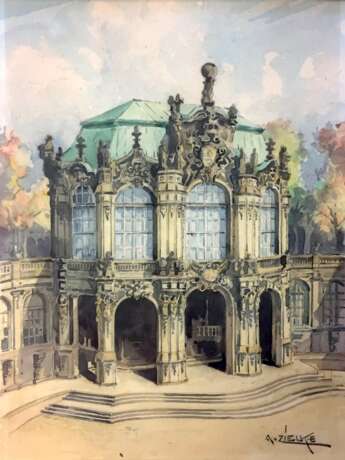 A. Zielke: Im Zwingerhof / Zwinger zu Dresden, Blick zum Wallpavillon. Aquarell auf Bütten, im Rahmen hinter Glas, 1920. - Foto 1