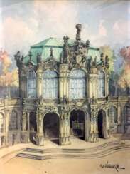 A. Zielke: Im Zwingerhof / Zwinger zu Dresden, Blick zum Wallpavillon. Aquarell auf Bütten, im Rahmen hinter Glas, 1920.