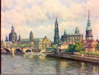 Paul Schlechter: Historische Ansicht von Dresden / Canaletto-Blick / Dresden mit Frauenkirche, Hausmannturm, Hofkirche.