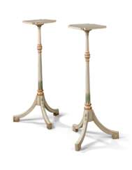 A PAIR OF GEORGE III POLYCHROME DECORATED CANDLESTANDS