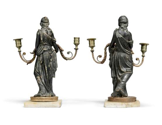 A PAIR OF REGENCY EBONISED, BRONZED AND GILT-COMPOSITION AND WHITE MARBLE FIGURAL TWIN-LIGHT CANDELABRA - photo 3
