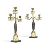 A PAIR OF ORMOLU, PATINATED-BRONZE AND MARBLE THREE-LIGHT FIGURAL CANDELABRA - фото 1