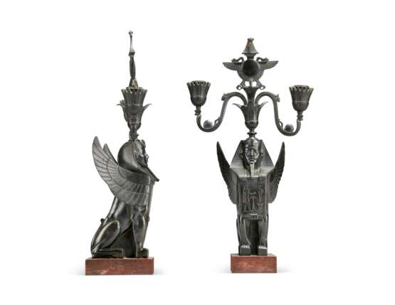 A PAIR OF FRENCH EGYPTIAN REVIVAL PATINATED-BRONZE AND ROUGE GRIOTTE MARBLE TWO-LIGHT CANDELABRA - фото 2