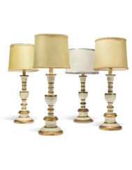 A SET OF FOUR WHITE AND GOLD-PAINTED BALUSTER TABLE LAMPS
