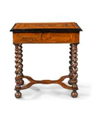 A WALNUT, BURR-WALNUT, EBONISED, MARQUETRY AND PENWORK CENTRE TABLE