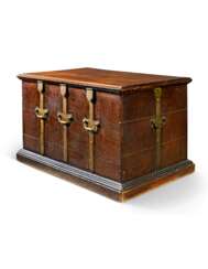 A GEORGE II BRASS-BOUND OAK 'CHURCH-WARDEN'S' COFFER