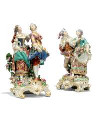 A PAIR OF CHELSEA PORCELAIN GROUPS OF GALLANTS EMBLEMATIC OF THE SEASONS