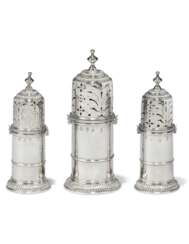 A SET OF THREE QUEEN ANNE SILVER CASTERS