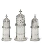 Pepper cellar. A SET OF THREE QUEEN ANNE SILVER CASTERS