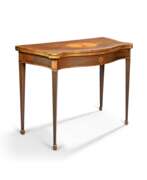 Mayhew & Ince. A GEORGE III TULIPWOOD, HAREWOOD AND SATINWOOD MARQUETRY CARD TABLE