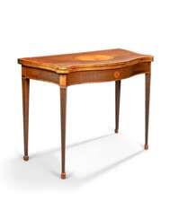 A GEORGE III TULIPWOOD, HAREWOOD AND SATINWOOD MARQUETRY CARD TABLE