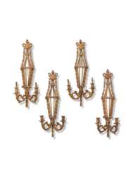 A SET OF FOUR GILTWOOD AND MIRRORED-GLASS TWO-BRANCH WALL-LIGHTS