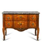 Furniture set. A LATE LOUIS XV ORMOLU-MOUNTED AMARANTH, TULIPWOOD AND MARQUETRY COMMODE