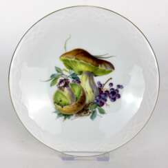Zierteller Meissen Porzellan: Dekor Pilz- u. Obst-Malerei: Grünling und Weintrauben, Goldrand, 1. Wahl, sehr gut, selten
