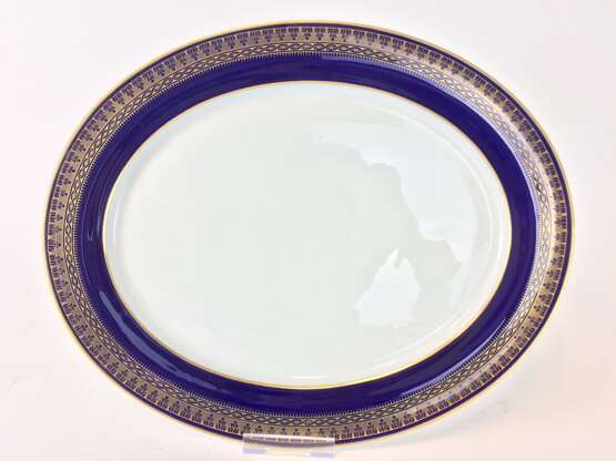 Ovalplatte: Meissen Porzellan, T-Glatt, Fahne kobaltblau, Goldkante, um 1900, sehr gut. - Foto 2