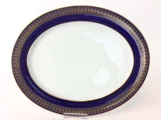 Ovalplatte / Fleischplatte: Meissen Porzellan, T-Glatt, Fahne kobaltblau, Goldkante, um 1900, sehr gut. - Foto 1