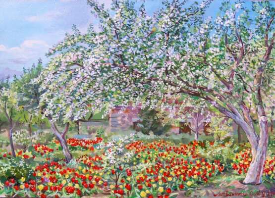 Gemälde „Frühling im Garten“, Hartfaserplatte, Ölgemälde, Impressionismus, Landschaftsmalerei, Ukraine, 2021 - Foto 1
