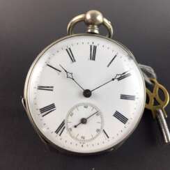Herren-Taschenuhr: Zylindertaschenuhr, Silber Taschenuhr, geschliffenes Deckglas, 19. Jahrhundert, Aufzug-Schlüssel.