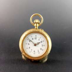 Damen-Taschenuhr, Gold 585, fein graviert, Jugendstil-Emaille-Arbeiten, Zylinder-Hemmung, um 1900, sehr gut