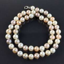 Collier / Perlenkette: Süßwasser Perlen multicolor bunt 42 cm, Halskette Kette, Schließe Silber rhodiniert, sehr gut.