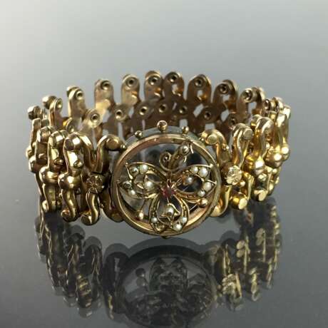 Historismus-Armband / Zieharmonika-Armband: Gold-Doublée, verziert mit Orientperlen und Rubin, sehr selten. - photo 2
