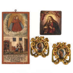 Votivtafel, Madonna-Andachtsbild und 2 Schnitzmedaillons mit Maria und Jesus