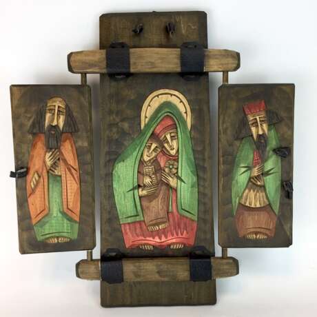 Klapp-Altar: Holz, von Hand beschnitzt, moderne / abstrakte Ausformungen, Krakau/Krakow, 2. Hälfte 20. Jahrhundert, sehr gut. - Foto 1