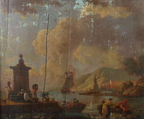 Flämische Schule des 18. Jahrhundert ''Szene am Hafen'' belebte Darstellung mit Booten und Segelschiffen am Wasser