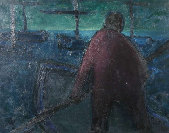 Maler des 20. Jahrhundert ''Mann im Boot'' stilisierte Darstellung in der Nacht - photo 1