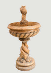 Rosso Verona Stone Fountain with one central collumn feet on round stepped and waved base with three dolphins turning around their bodies