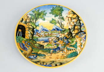 Urbino ceramic plate with bright round border and moulded center with multi colored paint