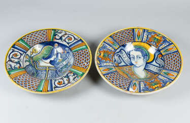 A pair of Deruta Ceramic Plates with bride borders and moulded centre