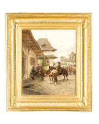 LugwigGedlek (1847-1904) historical village scene with Horses and Curassiers